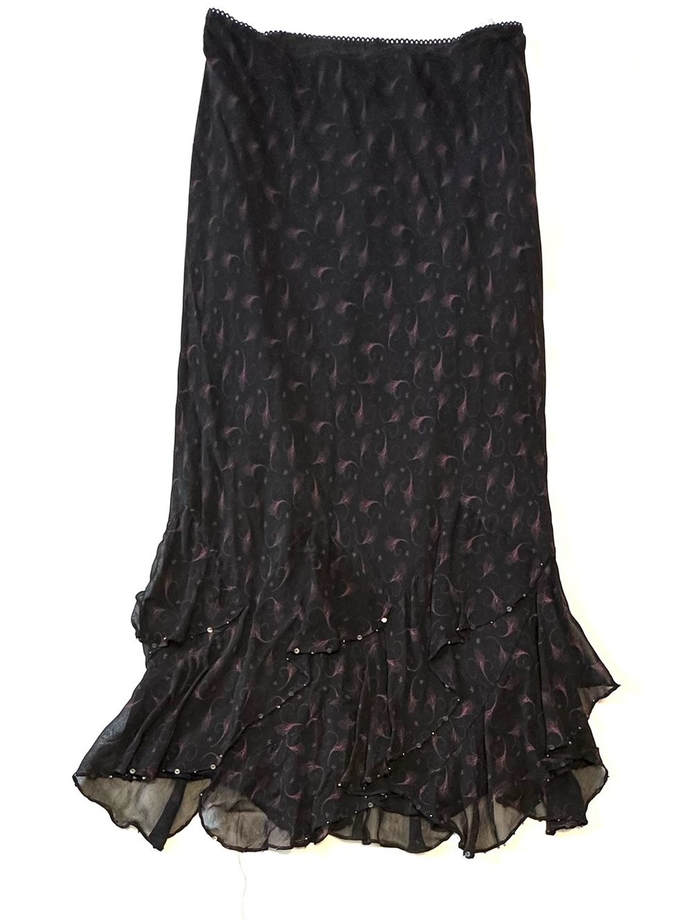 Godet Black Patterned Ruffle Hem Maxi Skirt Sparkle Sequins Rayon